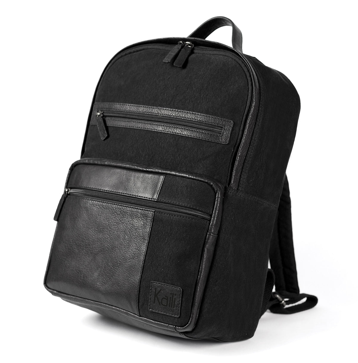 K0023AB | Canvas/Vera Leather Notebook Backpack, full grain, flyaway - Black Color. Nickel Antique accessories, Zipper closure. Dimensions: 29 x 40 x15 cm. Packaging: Tnt bag